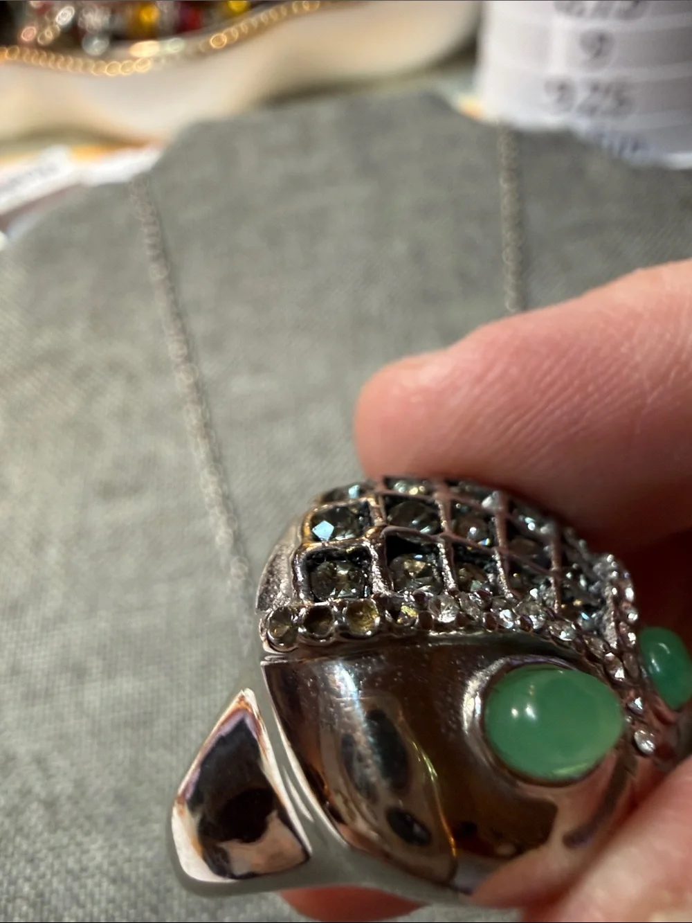 Silver Tone Owl Pendant Necklace and Ring Set with Green Stone Accents